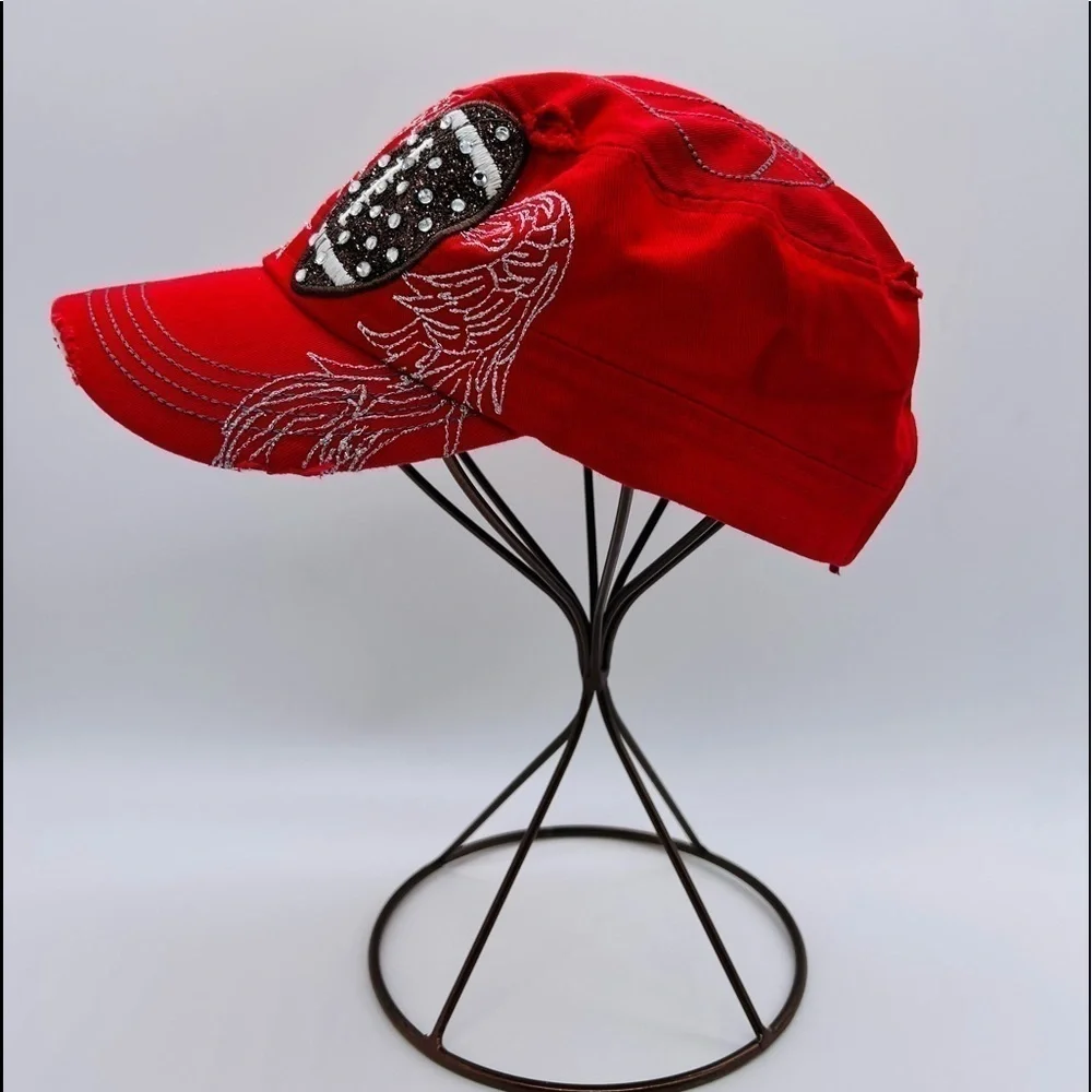 PITBULL WOMENS RED BALL CAP WITH FOOTBALL EMBROIDERY